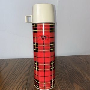 Vintage Thermos Plaid Metal Glass Lined Thermos Hot And Cold Plastic Lid And Cup